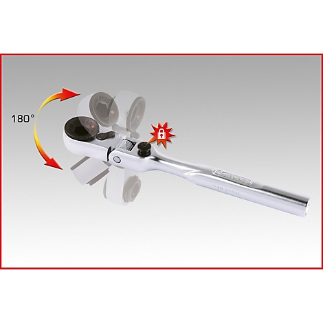 Chrom-Knarre mit 180° Drehbereich, dargestellt mit roter Markierung und Schloss-Symbol.